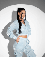 Trening de vară damă din mătase cu bluză cu cupe și pantaloni cu mansete, mărimea S